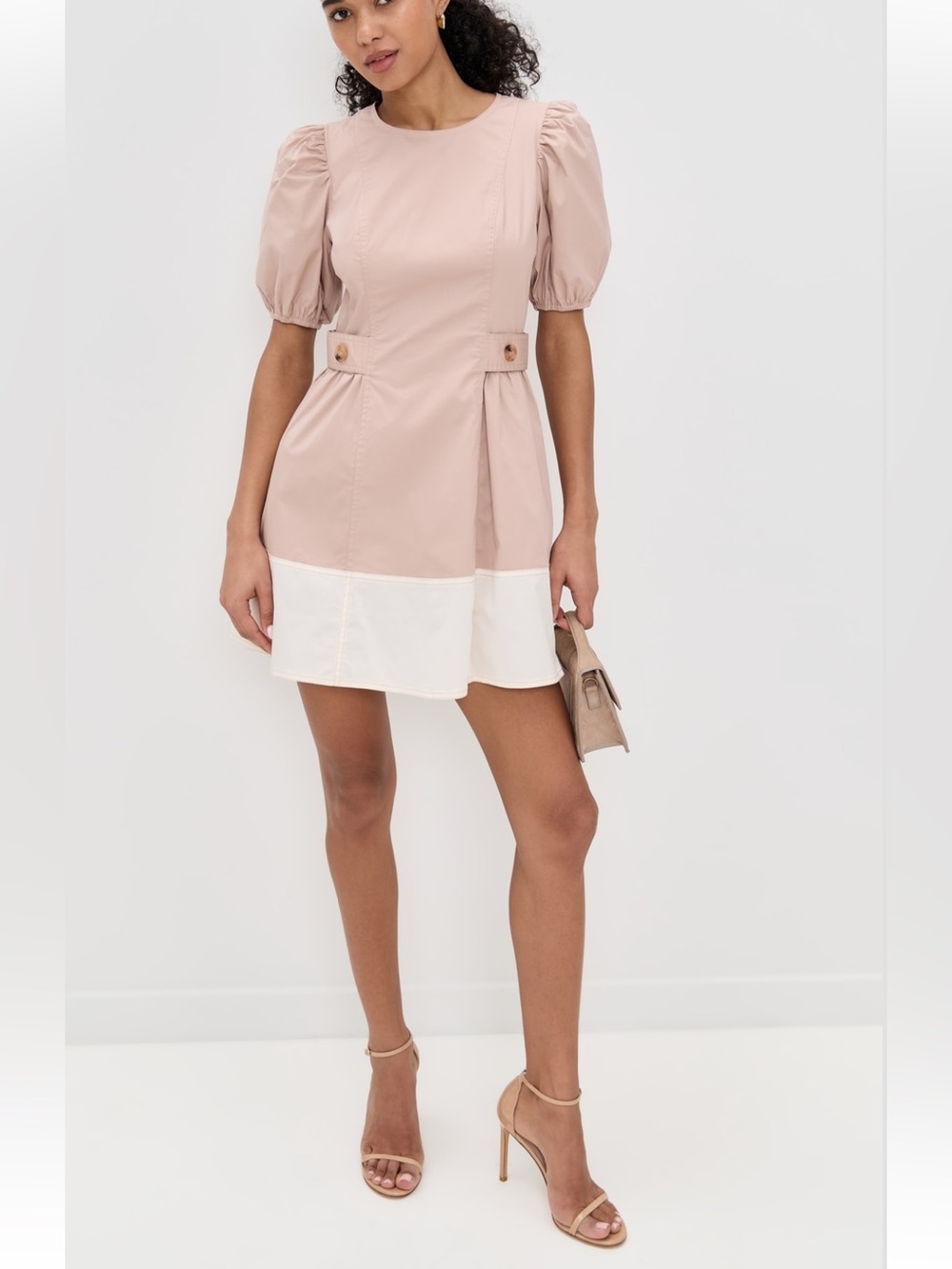 Shoshanna Blush-Pink Puff Sleeve Two-Tone Mini Dress with White Hem